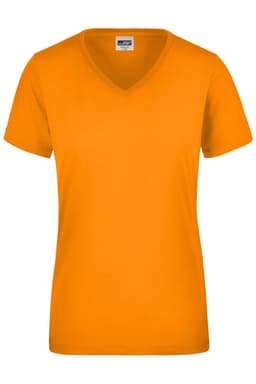 An orange ladies' workwear T-shirt with a V-neck design and short sleeves, featuring a logo.