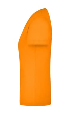 An orange t-shirt featuring a fitted design and short sleeves, with a logo on the front.