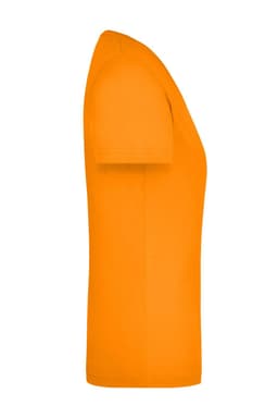 An orange ladies' work t-shirt displayed from the side, featuring a simple design and fitted shape.