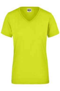 A vibrant yellow ladies' work t-shirt with a v-neck design, featuring a branding logo.