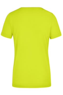 A bright yellow Ladies Signal Workwear T-Shirt with short sleeves and a round neckline, featuring a branding logo.