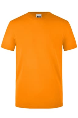 An orange work T-shirt featuring a round neck and short sleeves, with a branding logo.