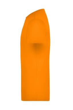 An orange T-shirt featuring a side view, designed for workwear applications, with a simple design and a logo.