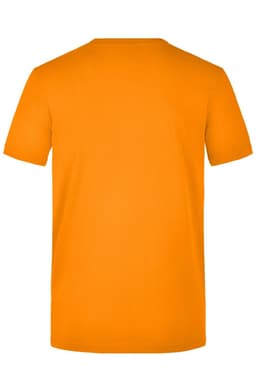 An orange work T-shirt with a crew neck and short sleeves, featuring a logo on the back.
