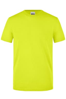 A bright yellow men's work t-shirt featuring a simple design and short sleeves, with a logo on the label.