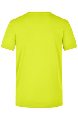 A high-visibility yellow work T-shirt with short sleeves and a plain back, featuring a logo.