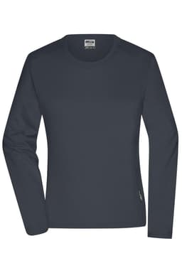 A long-sleeve, dark grey work t-shirt for ladies, featuring a logo on the side hem.