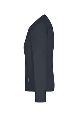 A dark navy long-sleeve T-shirt with a fitted silhouette, featuring a branding logo on the side.