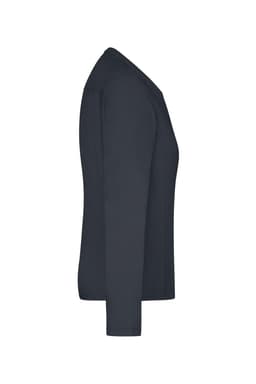 A long-sleeve work t-shirt in navy blue with a simple design and a logo on it.