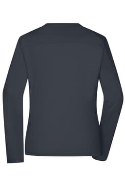 A dark grey long-sleeve t-shirt for ladies, featuring a simple design and a logo on the back.
