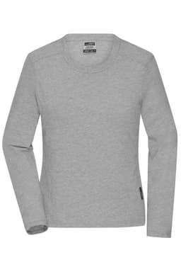 A grey long-sleeved work T-shirt with a round neck and a small logo on the side.