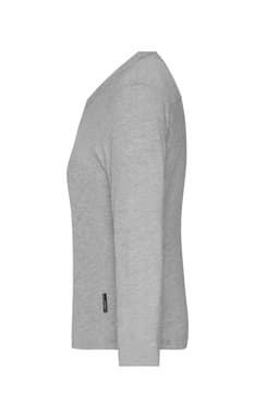 A grey long-sleeve T-shirt styled for women, featuring a branded tag on the side.