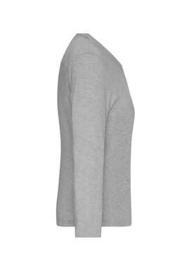 A grey long-sleeve t-shirt for ladies, featuring a simple design and a logo on the side.