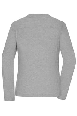 A grey long-sleeve t-shirt for women, featuring a simple back design and a branding logo.