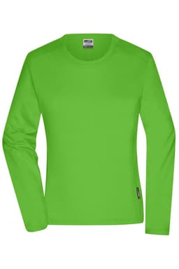 A long-sleeved t-shirt in bright green, featuring a logo on the hem. Suitable for workwear.