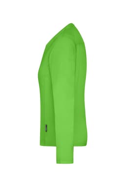 A vibrant green long-sleeve T-shirt with a logo, designed for ladies' workwear.