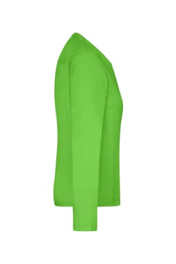 A bright green long-sleeve ladies work t-shirt featuring a side view design and a logo.
