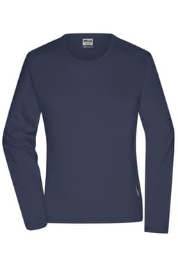 A long-sleeve work t-shirt in navy blue, featuring a logo on the side. Suitable for ladies' workwear.