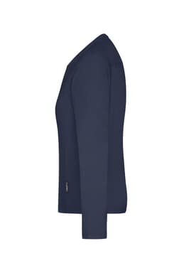 A navy long-sleeve work t-shirt featuring a fitted design and a small logo on the side.
