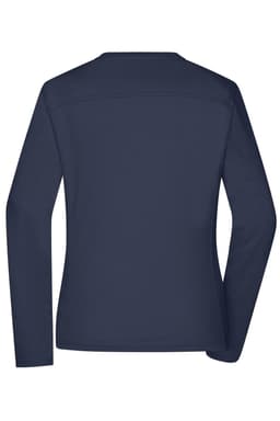 A navy long-sleeve women's work T-shirt featuring a simple design and a logo.