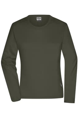A long-sleeved, olive green women's work t-shirt with a logo tag on the side.