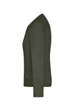 A long-sleeve, olive green T-shirt designed for women, featuring a logo on the side.