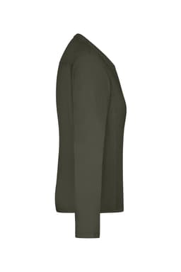 A long-sleeve t-shirt in olive green, featuring a side view with a smooth finish and a logo.
