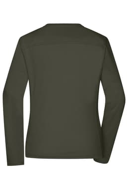 A dark olive green long-sleeved T-shirt with a simple design and a logo on the back.