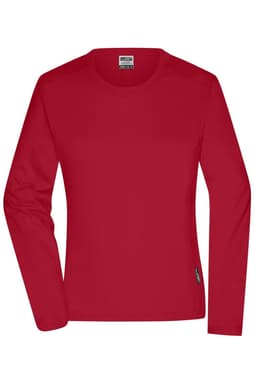 A red long-sleeve T-shirt designed for ladies, featuring a round neckline and a branding label.