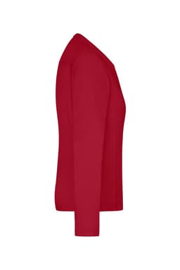 A red Ladies Workwear L-S T-Shirt featuring a simple design and long sleeves. It has a logo.
