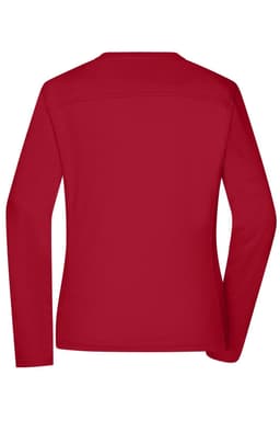 A red long-sleeve work T-shirt featuring a back view design and a logo.