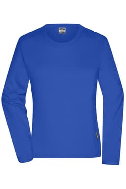 A long-sleeve women's work T-shirt in a vibrant blue, featuring a logo on the hem.