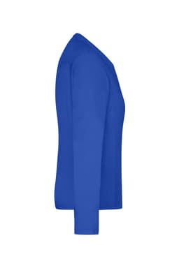 A long-sleeve t-shirt in a vibrant royal blue tone, featuring a logo on the fabric.