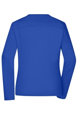 A long-sleeve ladies’ work t-shirt in vibrant blue with a simple design and a logo on the back.