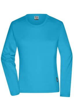 A blue long-sleeve t-shirt with a round neck and a logo on the side, designed for women's workwear.