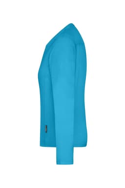 A long-sleeved t-shirt in vibrant aqua blue, featuring a side view and a logo on the sleeve.