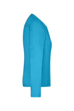 A long-sleeve, turquoise work t-shirt with a fitted design and a branding logo visible.