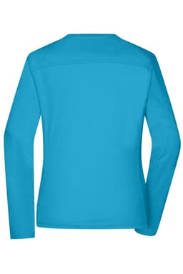 A long-sleeve work t-shirt in bright turquoise, featuring a smooth back design and a logo.