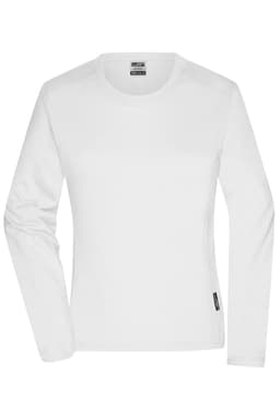 A white long-sleeved women's work T-shirt featuring a logo. Ideal for workwear purposes.