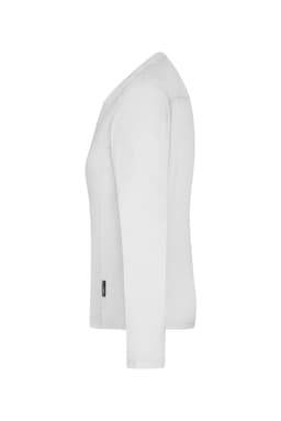 A white long-sleeve T-shirt for ladies, featuring a side view with a small logo on the hem.