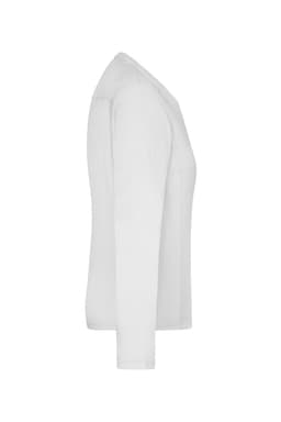 A white long-sleeve T-shirt with a fitted design and a logo.