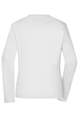 A white long-sleeve work t-shirt for women, featuring a simple design and a branded logo.