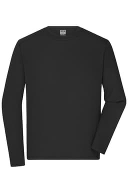 A black long-sleeve T-shirt for men, featuring a simple design and a branding logo at the neckline.
