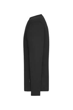 A black long sleeve t-shirt designed for men, featuring a fitted silhouette and a branding logo on the side.