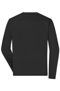 A black long-sleeve T-shirt designed for men's workwear, featuring a simple back design and a logo.