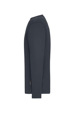 A dark grey long-sleeve men's work t-shirt featuring a logo on the side.