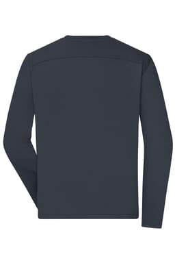 A long-sleeve T-shirt in dark grey, designed as men's workwear, featuring a simple back design and a logo.