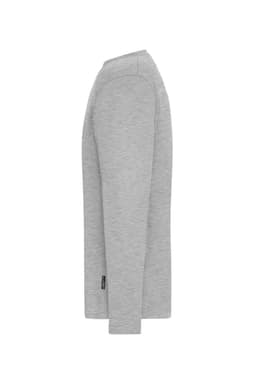 A grey long-sleeve T-shirt designed for men, featuring a side view and a logo on the fabric.