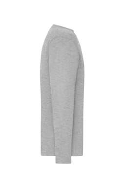 A grey long-sleeve t-shirt with a simple design, featuring a logo on the front.