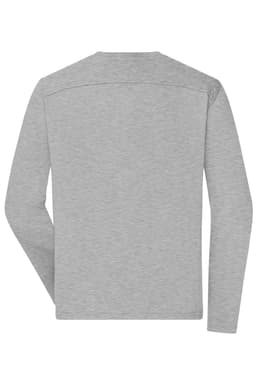 A grey long-sleeve T-shirt designed for men, featuring a simple back design and a branding logo.